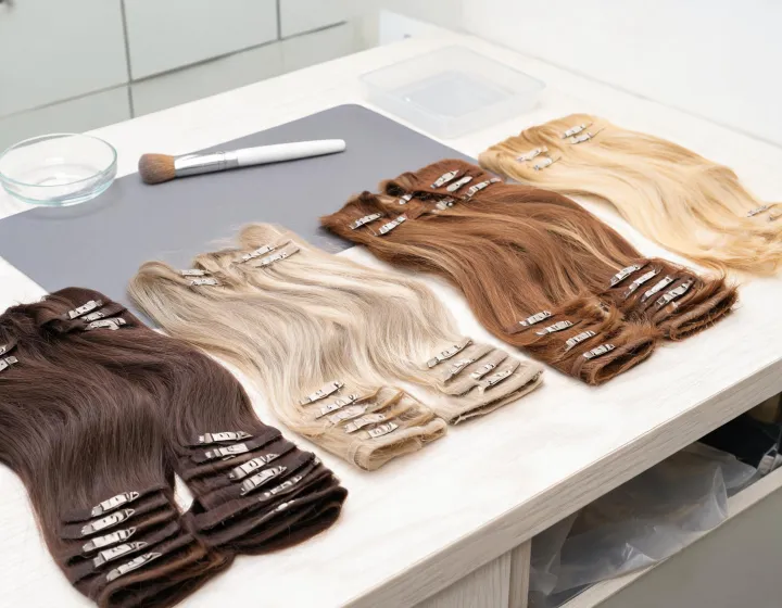 Clip-In Hair Extensions Sourcing on a cosmetics bench, illustration only