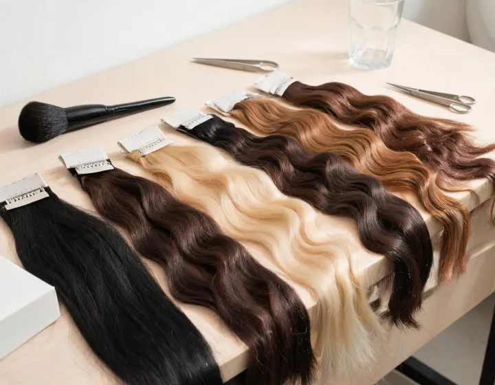 clip in hair extensions wholesale on a cosmetics bench, illustration only