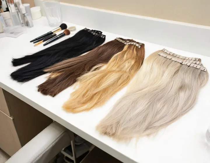 wholesale clip in extensions on a cosmetics bench, illustration only
