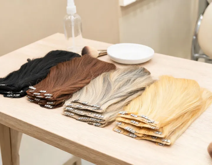 wholesale clip in extensions on a cosmetics bench, illustration only